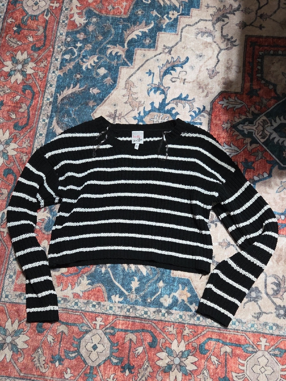 Belle Du Jour Black & White Striped Cropped Crewneck Sweater